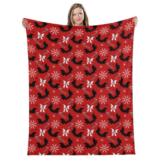 Bats and Bows Spooky XMAS Creepmas Red Black Fleece Blanket