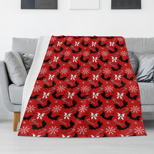 Bats and Bows Spooky XMAS Creepmas Red Black Fleece Blanket