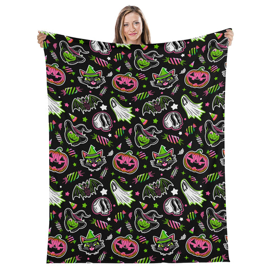 Spooky Halloween Witch Ghost Skull Black Pink Green Fleece Blanket