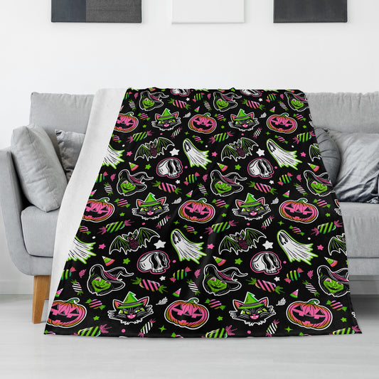 Spooky Halloween Witch Ghost Skull Black Pink Green Fleece Blanket