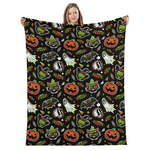 Spooky Halloween Witch Ghost Skull Black Orange Green Fleece Blanket