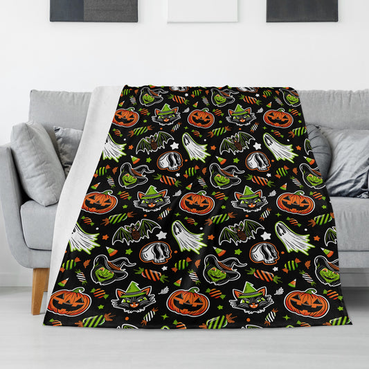 Spooky Halloween Witch Ghost Skull Black Orange Green Fleece Blanket