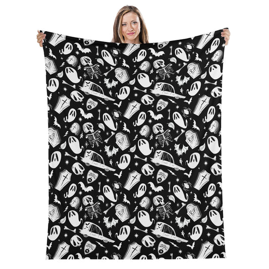 Spooky Halloween Hearse Ghost Skull Black White Fleece Blanket