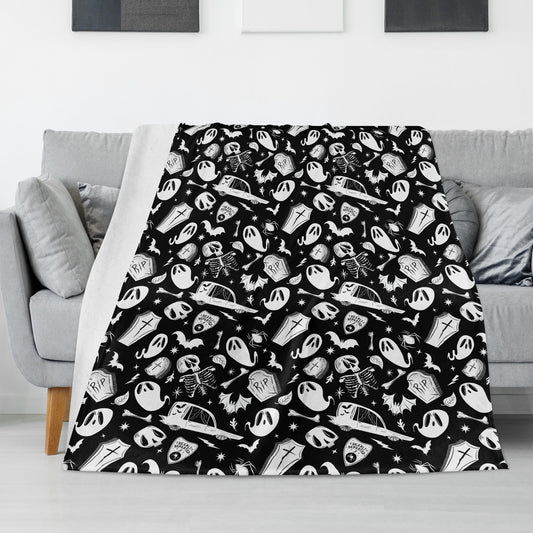 Spooky Halloween Hearse Ghost Skull Black White Fleece Blanket