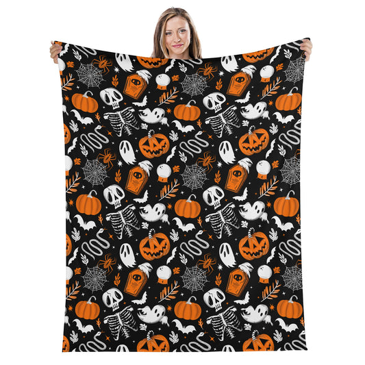 Spooky Halloween Gothic Skeleton Ghost Skull Black White Orange Fleece Blanket