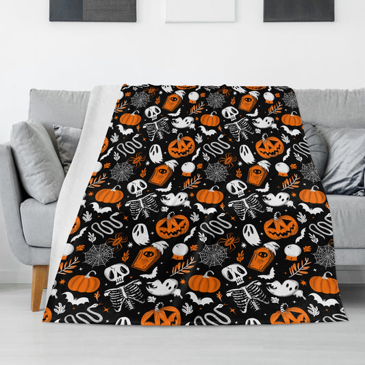 Spooky Halloween Gothic Skeleton Ghost Skull Black White Orange Fleece Blanket