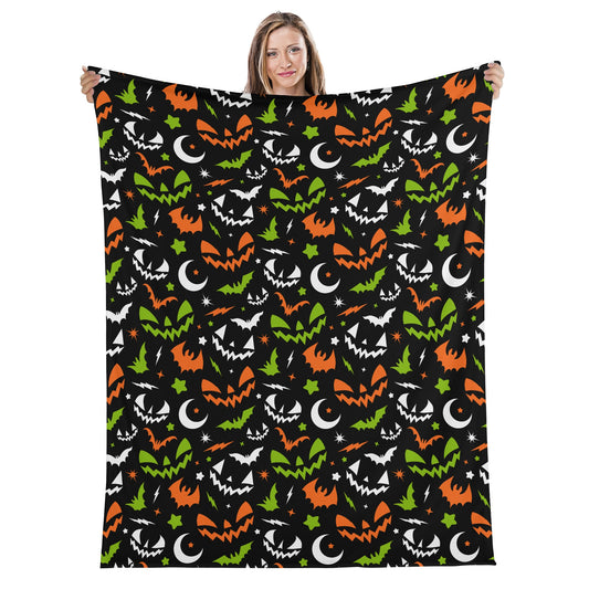 Spooky Halloween Retro Jack-O-Lantern Faces Moons Bats Black Orange Green Fleece Blanket