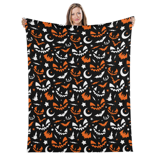 Spooky Halloween Retro Jack-O-Lantern Faces Moons Bats Black Orange Fleece Blanket