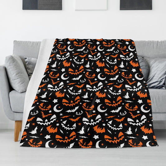 Spooky Halloween Retro Jack-O-Lantern Faces Moons Bats Black Orange Fleece Blanket