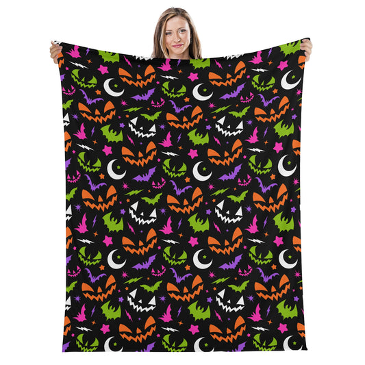 Spooky Halloween Retro Jack-O-Lantern Faces Moons Bats Colorful Fleece Blanket