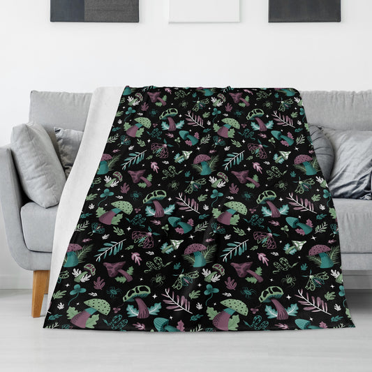 Midnight Mushrooms Forest Witch Witchy Gothic Fleece Blanket