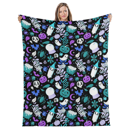 Haunted Hideaway Witchy Gothic Black Blue Teal Purple Fleece Blanket