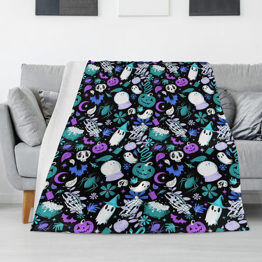 Haunted Hideaway Witchy Gothic Black Blue Teal Purple Fleece Blanket