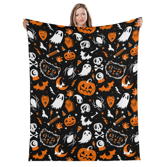 Spooky Halloween Black Orange Fleece Blanket