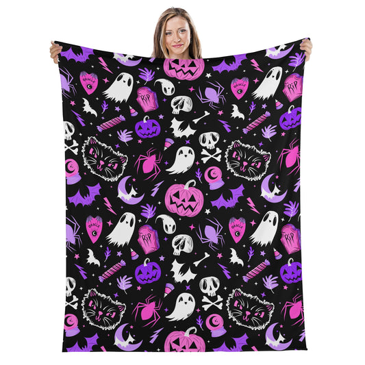 Spooky Halloween Black Pink Purple Pastel Goth Fleece Blanket