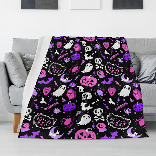 Spooky Halloween Black Pink Purple Pastel Goth Fleece Blanket