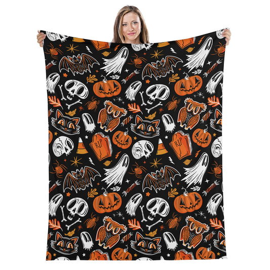 Spooky Halloween Black Orange Fleece Blanket