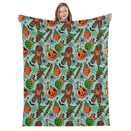 Gingerdead Baubles Spooky XMAS Creepmas Mint Black Orange Green Fleece Blanket