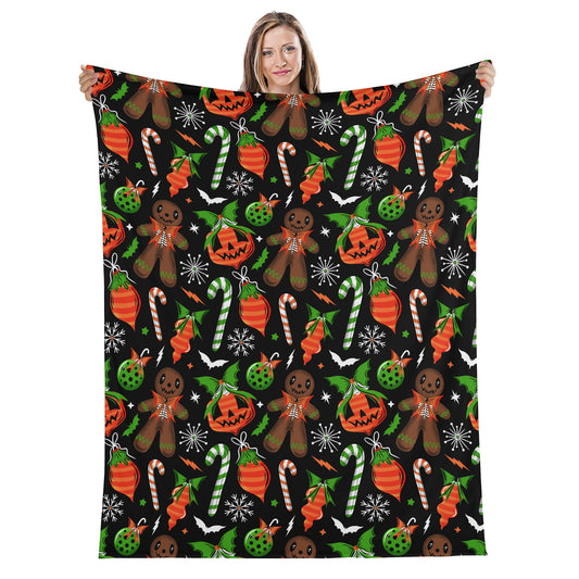 Gingerdead Baubles Spooky XMAS Creepmas Black Orange Green Fleece Blanket