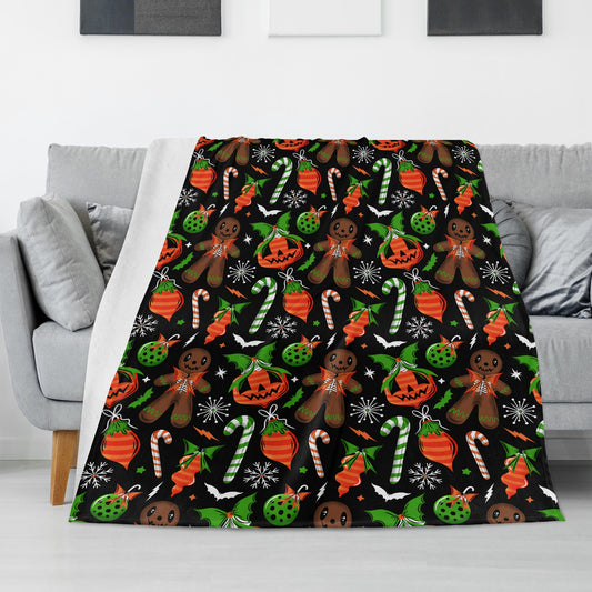 Gingerdead Baubles Spooky XMAS Creepmas Black Orange Green Fleece Blanket