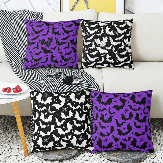 Spooky Gothic Bats Black, White and Purple, Black Set of 4 Pillow Covers