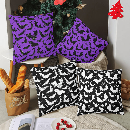 Spooky Gothic Bats Black, White and Purple, Black Set of 4 Pillow Covers