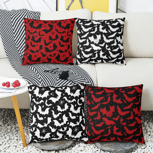 Spooky Gothic Bats Black, White and Red, Black Set of 4 Pillow Covers