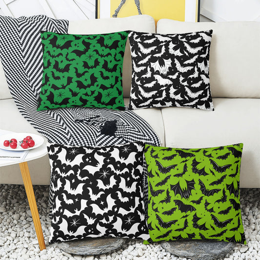 Spooky Gothic Bats Black, White and Green, Black Set of 4 Pillow Covers