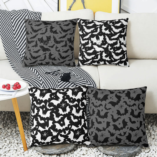 Spooky Gothic Bats Black, White and Gray, Black Set of 4 Pillow Covers