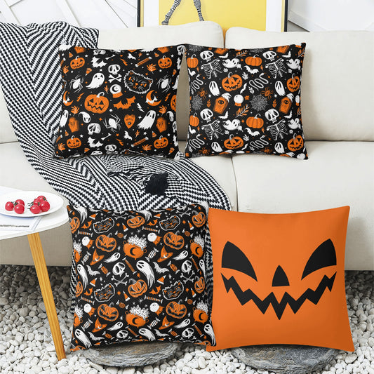 Spooky Gothic Halloween Black, White, Orange Set of 4 Pillow Covers