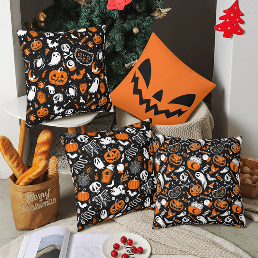 Spooky Gothic Halloween Black, White, Orange Set of 4 Pillow Covers