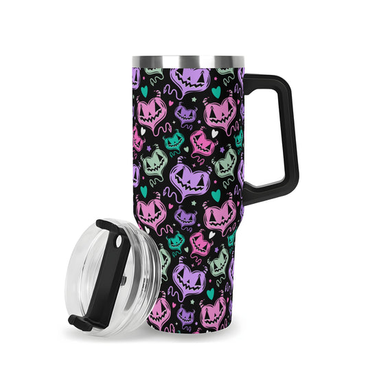 Spooky Cute Devil Hearts Valloween 40oz Stainless Steel Tumbler Gift With Black Handle and Straw