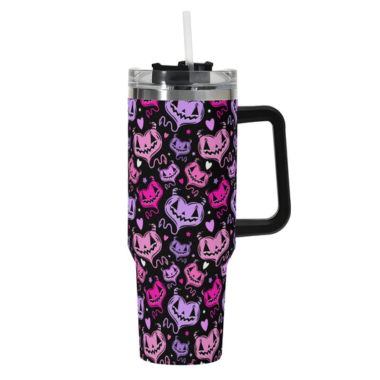 Spooky Cute Devil Hearts Valloween 40oz Stainless Steel Tumbler Gift With Black Handle and Straw