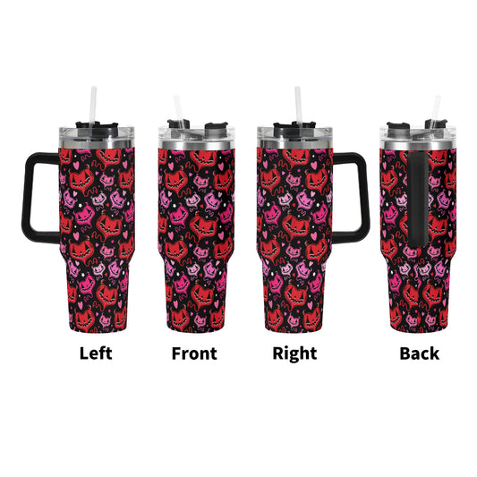 Spooky Cute Devil Hearts Valloween 40oz Stainless Steel Tumbler Gift With Black Handle and Straw