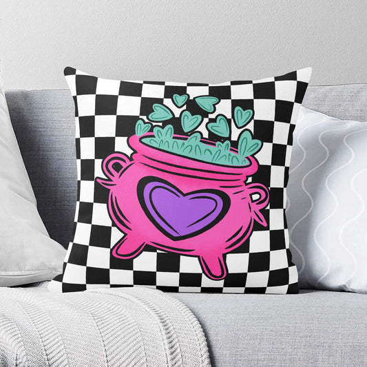 Spooky Cute Purple Pink Teal Witchy Love Cauldron Check Valloween Pillow Cover - Available in 5 Sizes