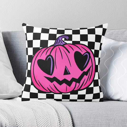 Spooky Cute Pink Jack-O-Lantern Check Valloween Pillow Cover - Available in 5 Sizes