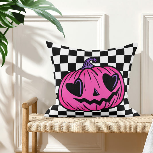 Spooky Cute Pink Jack-O-Lantern Check Valloween Pillow Cover - Available in 5 Sizes