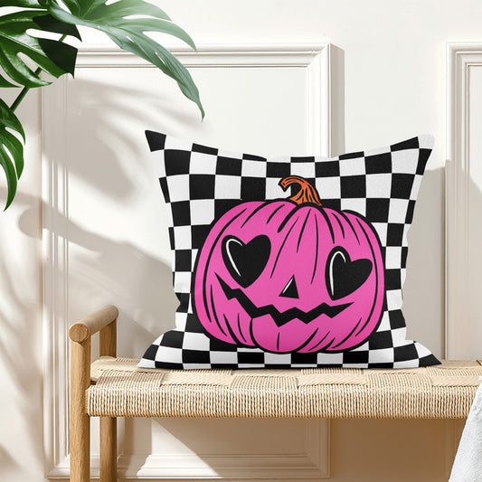 Spooky Cute Pink Jack-O-Lantern Check Valloween Pillow Cover - Available in 5 Sizes