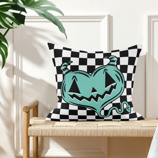 Spooky Cute Devil Heart Teal Check Valloween Pillow Cover - Available in 5 Sizes