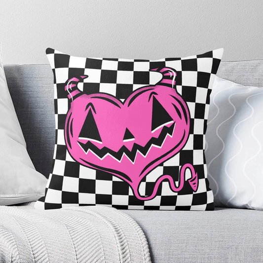 Spooky Cute Devil Heart Pink Check Valloween Pillow Cover - Available in 5 Sizes