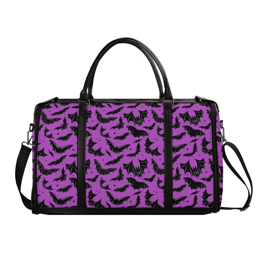 Batty Bats Gothic Orchid Black PU Leather Duffle Bag Foldable Travel Bag with Trolley Sleeve