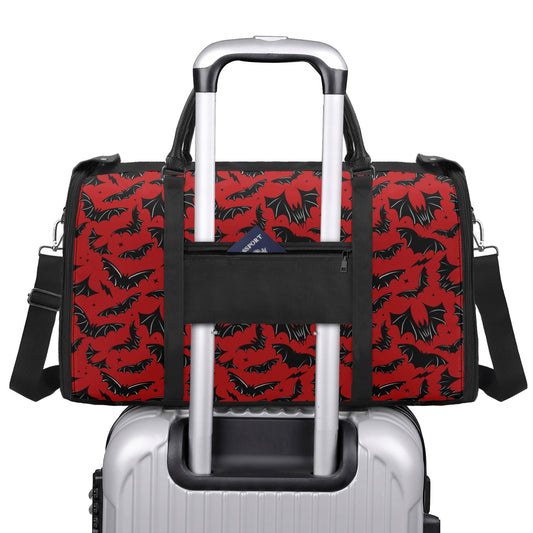 Batty Bats Gothic Red Black Fabric Duffle Bag Foldable Travel Bag with Trolley Sleeve