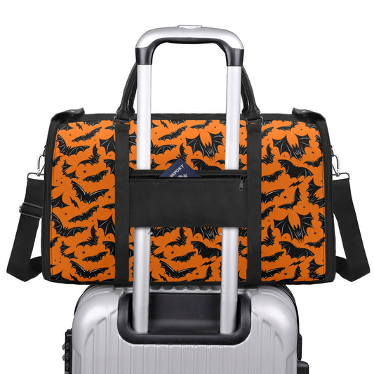 Batty Bats Gothic Orange Black Fabric Duffle Bag Foldable Travel Bag with Trolley Sleeve