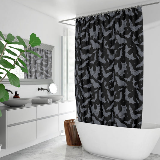 Batty Bats 2023 Black with Gray Gothic Halloween Shower Curtain