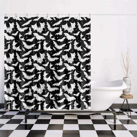 Batty Bats 2023 Black with White Gothic Halloween Shower Curtain