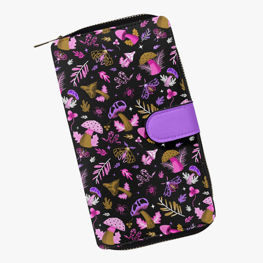 Midnight Mushrooms Gold, Magenta, Orchid Earthy Faux Leather Wallet
