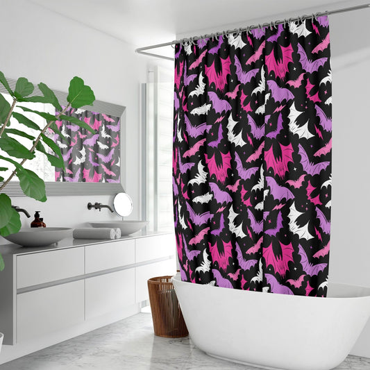 Batty Bats 2023 Black with Hot Pink, Orchid Gothic Halloween Shower Curtain