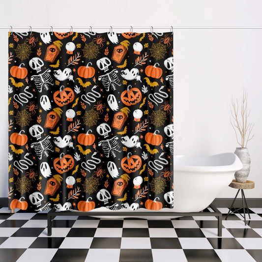 Everything Halloween 2022 Black, White, Orange, Yellow Shower Curtain