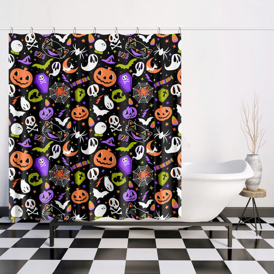 Everything Spooky 2021 Black, White, Orange, Purple, Chartreuse Halloween Shower Curtain