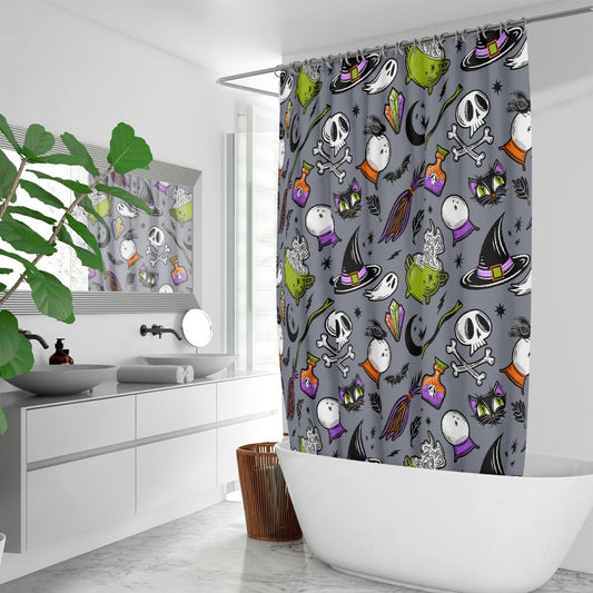 Magick Curio 2023 Gray, Orange, Purple, Chartreuse Witchy Halloween Shower Curtain